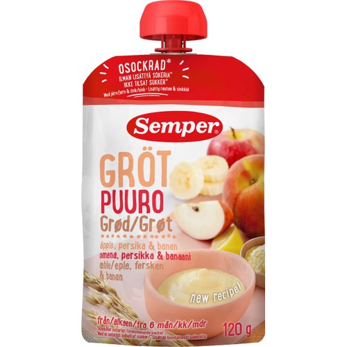 Gröt med äpple, persika & banan 6m 120g Semper