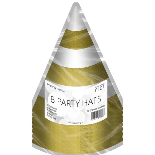Partyhatt vit/guld 8p Happy Party