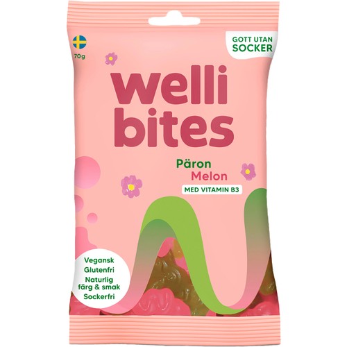 Vegangodis Päron & Melon sockerfri 70g Wellibites