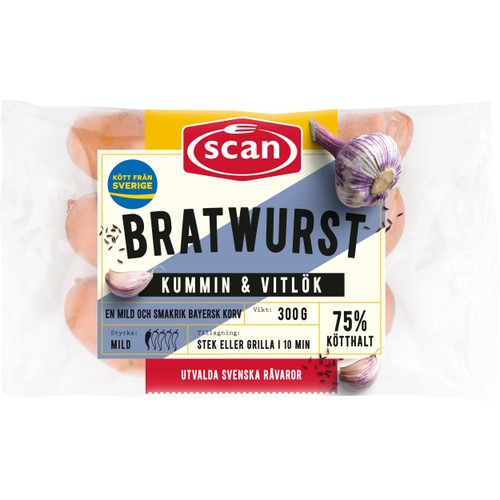 Bratwurst Kummin Vitlök 75% Kötthalt 300g Scan