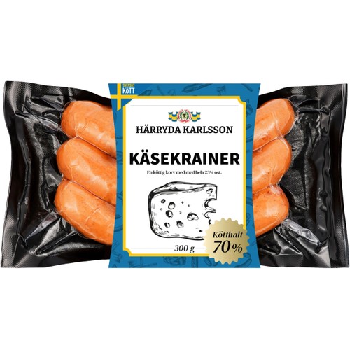 Kryddkorv Käsekrainer med Emmentalerost 70% Kötthalt 300g Härryda Karlsson