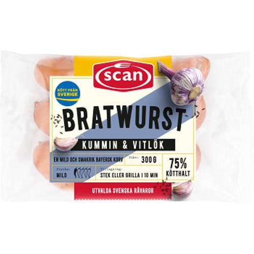 Bratwurst Kummin Vitlök 75% Kötthalt 300g Scan