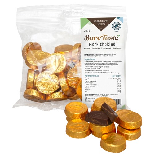 Mörk chokladmynt i guldfolie 200g Sure Taste