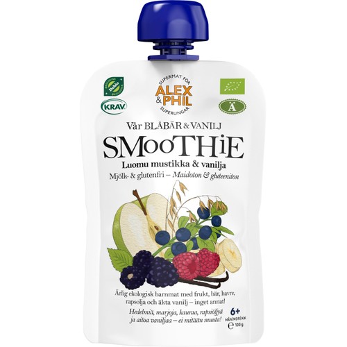 Barnmat Smoothie blåa bär & vanilj Klämmis 6m 100g KRAV Alex & Phil