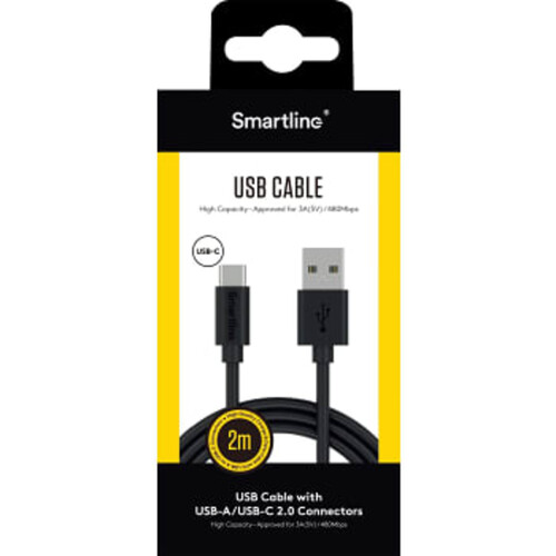 USB-C/USB-A 2.0 kabel 2m Svart 1-p Smartline