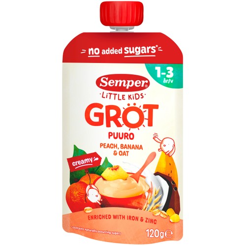 Barnmat Grötklämmis persika, banan & havre 1år 120g Semper