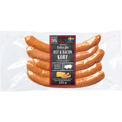 Grillkorv Ost och Bacon Extra Fin 78% Kötthalt 225g ICA