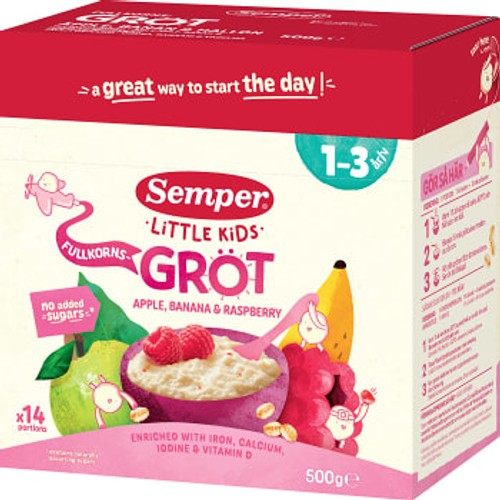 Fullkornsgröt Apple, Banana & Raspberry 1-3 år 14p 500g Semper