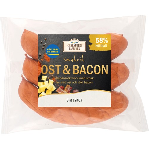 Grillkorv Ost och Bacon 58% kötthalt 240g Charkuterifabriken