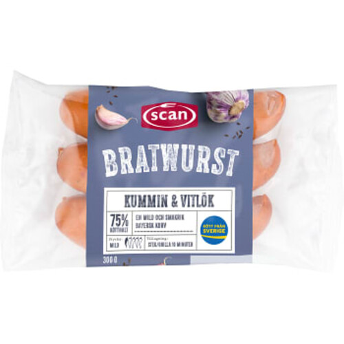 Bratwurst Kummin Vitlök 75% Kötthalt 300g Scan