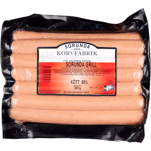 Sorunda Grill 65% Kötthalt 1kg Sorunda Korvfabrik