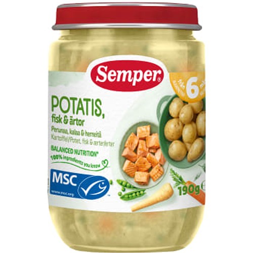 Barnmat Potatis & Fisk med ärtor 6m 190g Semper