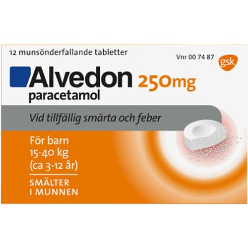 Alvedon Barn 3-12 år Munsönderfallande tablett 250mg 12-p