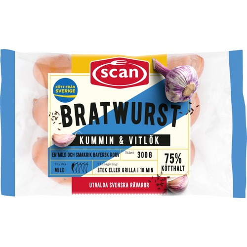 Bratwurst Kummin Vitlök 75% Kötthalt 300g Scan