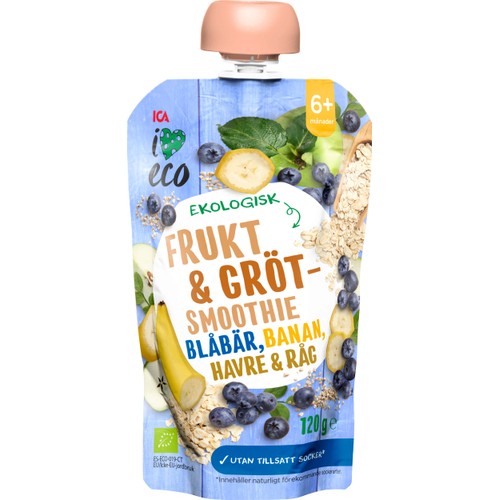 Grötsmoothie blåbär, banan, havre & råg 6m 120g ICA I love eco