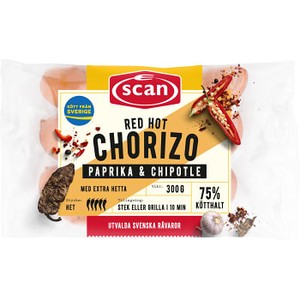 Choritzo Red hot Paprika & Chipotle 75% Kötthalt 300g Scan