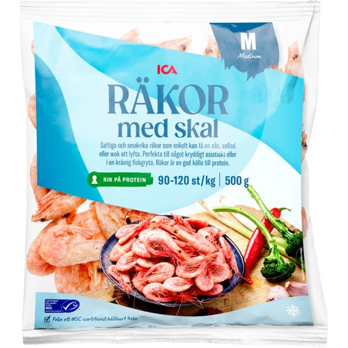 Räkor med skal 90/120 Fryst 500g MSC ICA