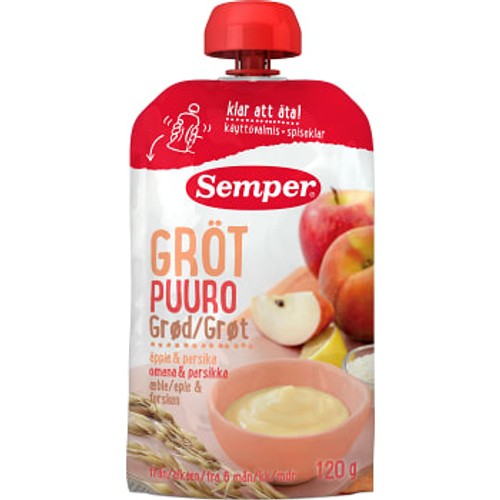 Gröt med äpple & persika Klar att äta Från 6m 120g Semper
