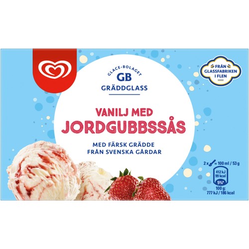 Glass Vanilj med jordgubbssås 500ml GB Gräddglass