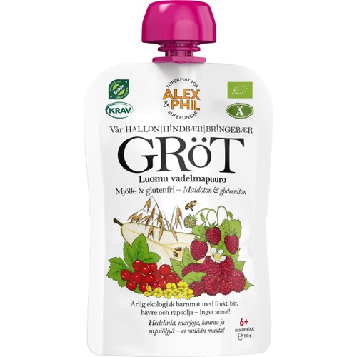 Gröt Hallon & röda vinbär 6m 100g KRAV Alex&Phil