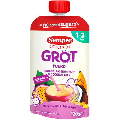 Barnmat Grötklämmis passionsfrukt, banan & kokos 1år 120g Semper