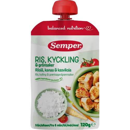Barnmat Ris, kyckling & grönsaker 6m 120g Semper