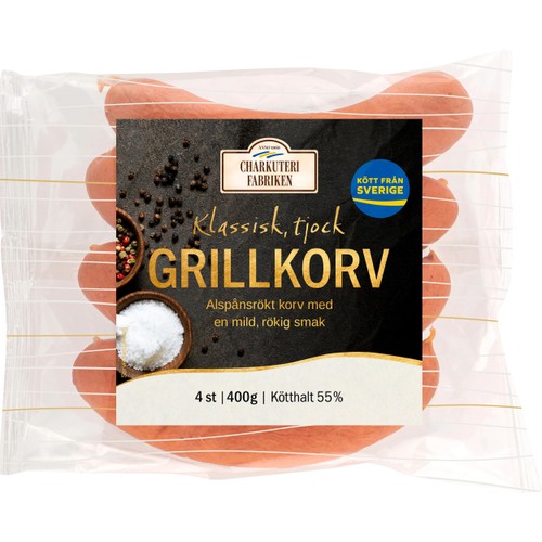 Grillkorv klassisk tjock  77% kötthalt 400g Charkuterifabriken