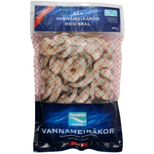 Vannameiräkor Råa Med Skal Utan Huvud Asc 26/30 Fryst 600g Feldt's