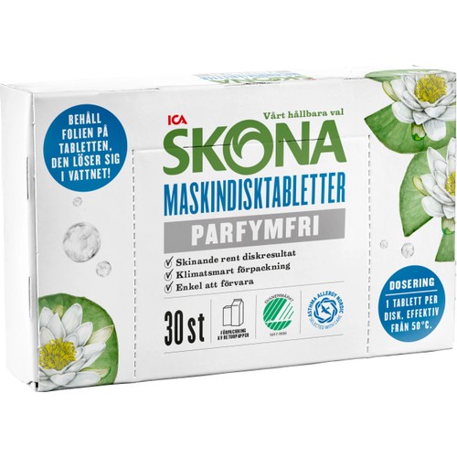 Maskindisktablett Parfymfri 30-p Miljömärkt ICA Skona
