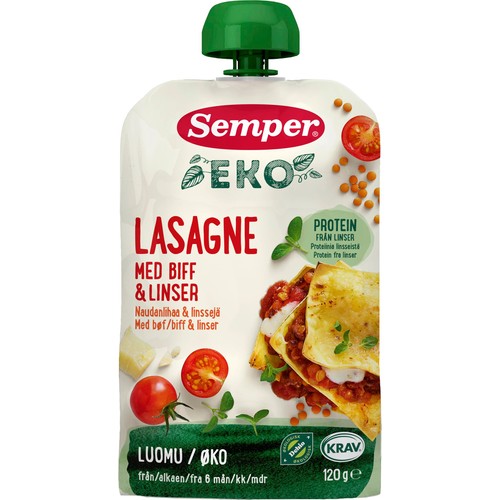 Barnmat Lasagne biff & linser 6m 120g KRAV Semper