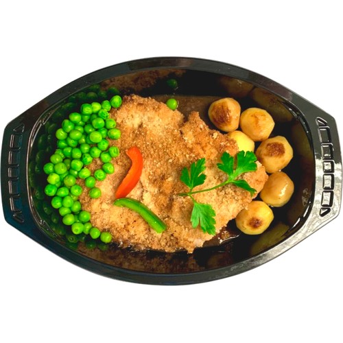 Panerad Fläskschnitzel Med Stekt Potatis Ärtor & Rödvinssås ca 400g Restaurang Nya Energikällan