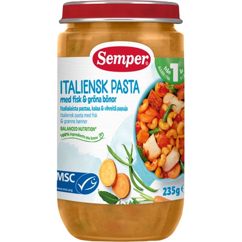 Barnmat Italiensk pasta med fisk & gröna bönor 1år 235g Semper